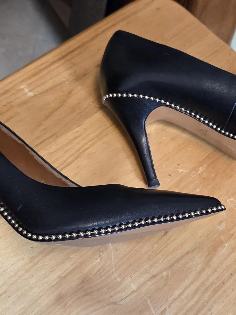 Coach Waverly Black Leather Pointed Pumps with Metallic Stud Trim